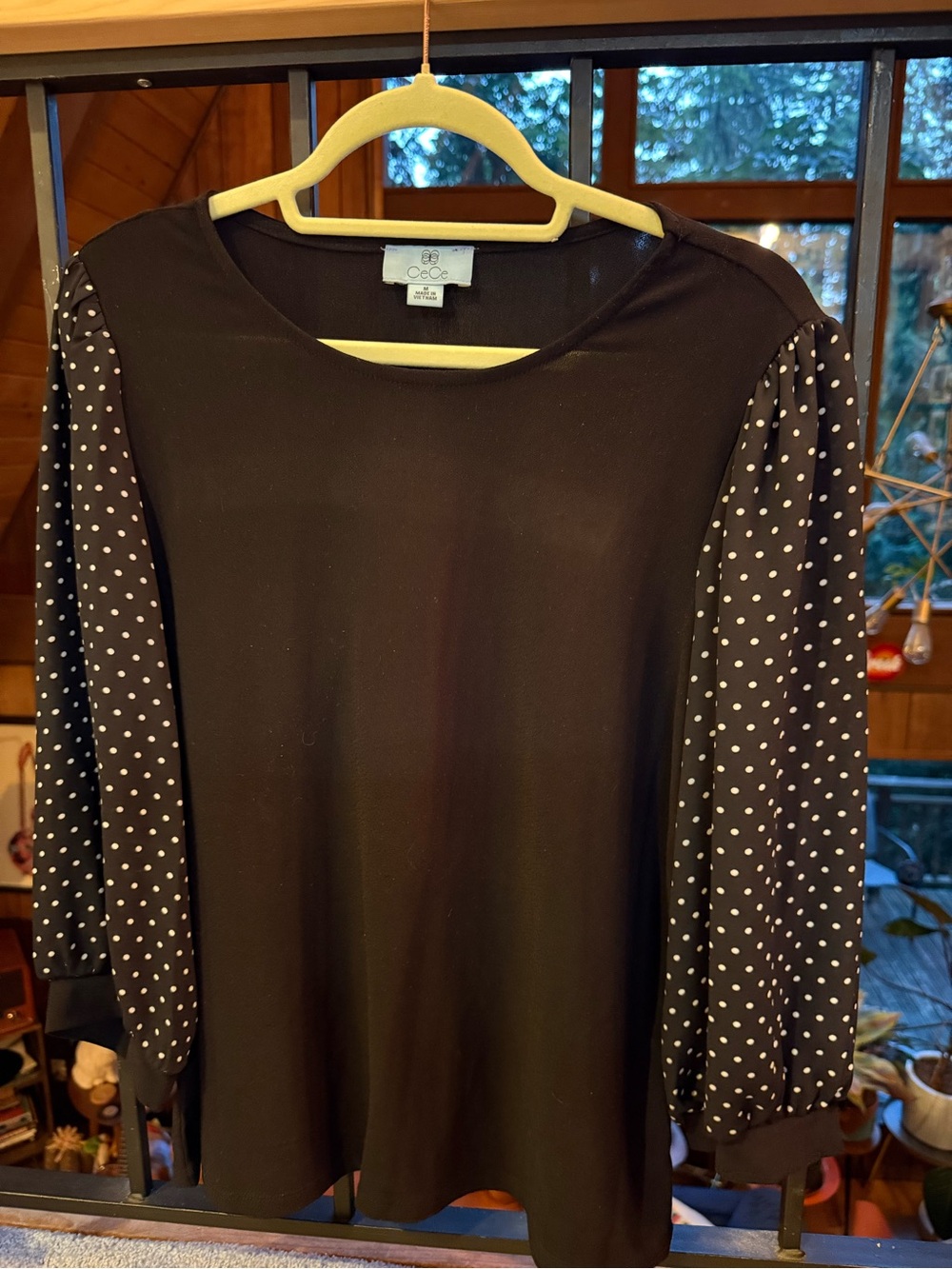 CeCe Black Top with Polka Dot Balloon Sleeves